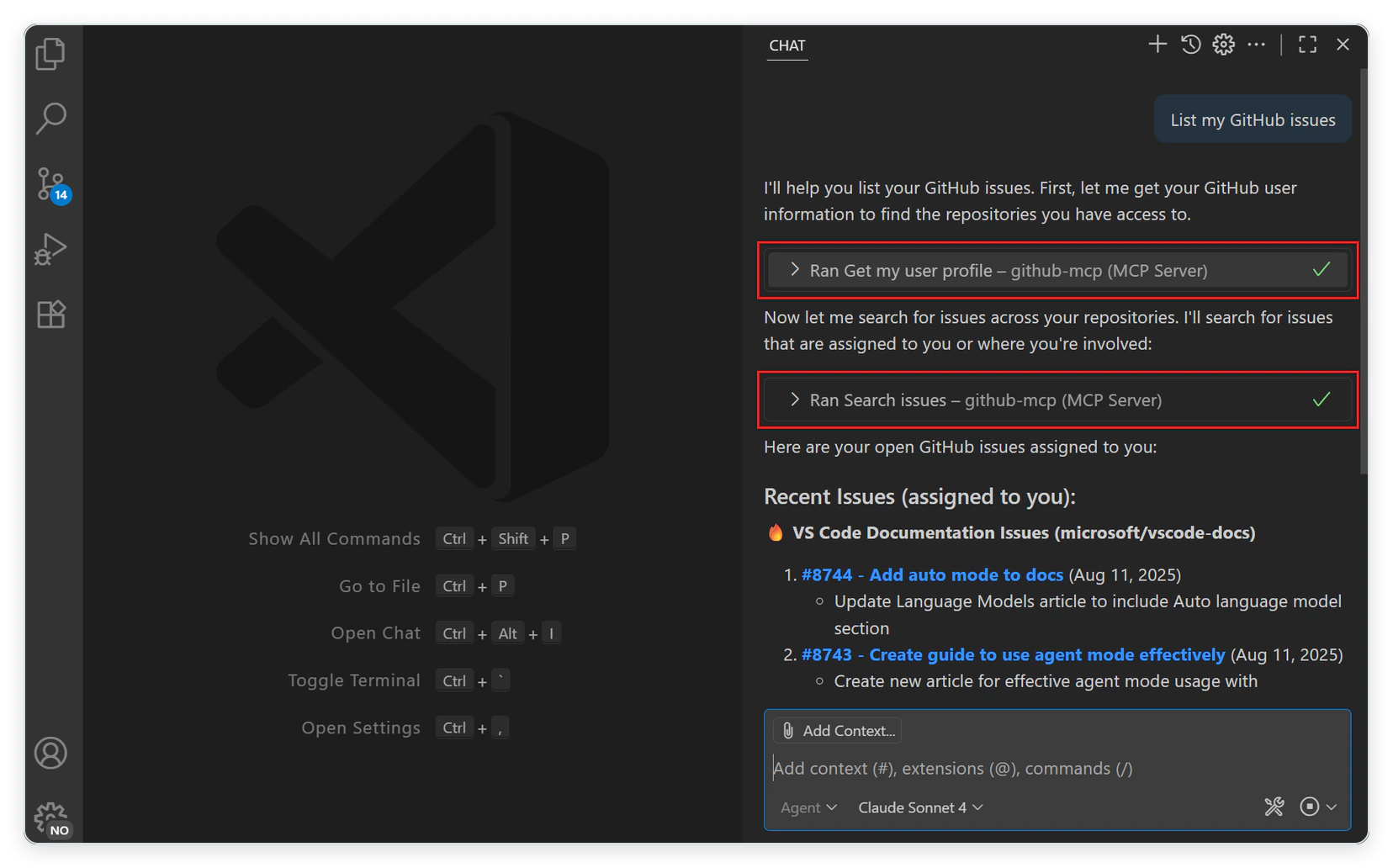 Copilot Chat in VS Code showing two completed MCP tool calls, each labelled with the tool name and the MCP server it came from.