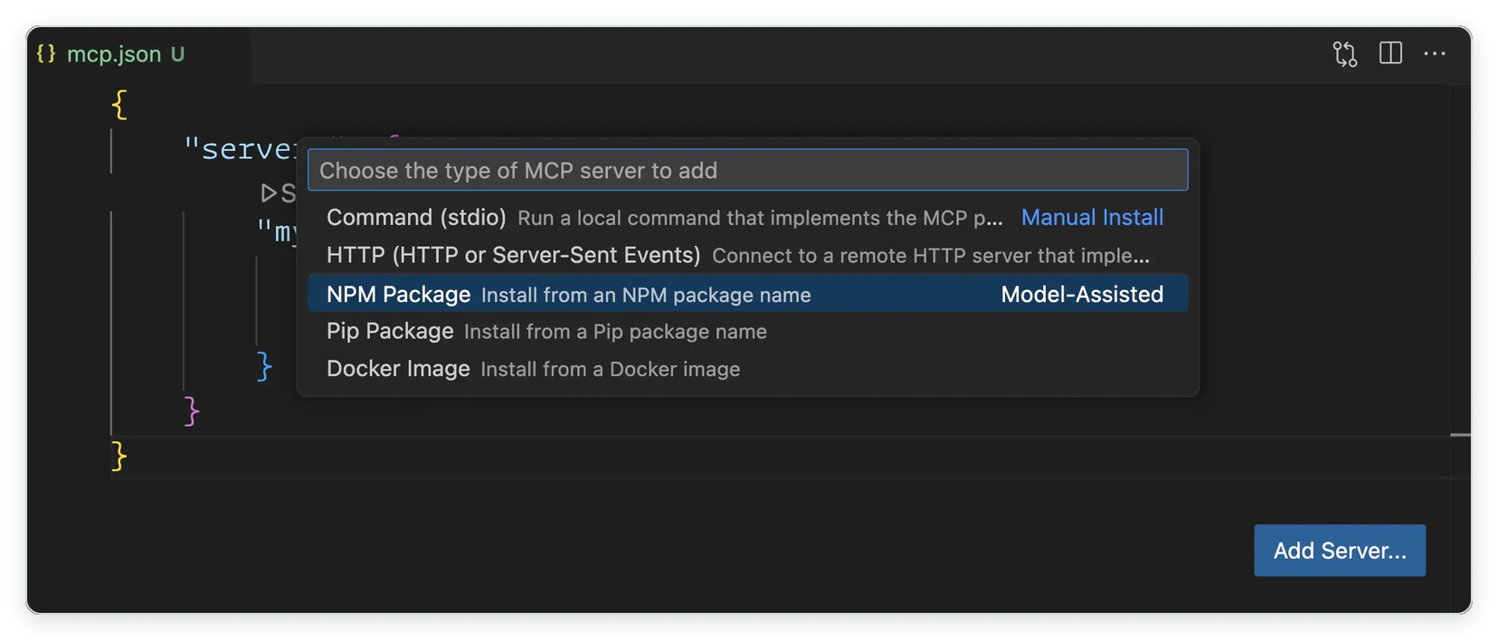 The VS Code MCP: Add Server picker listing Command (stdio), HTTP (HTTP or Server-Sent Events), NPM Package, Pip Package and Docker Image.