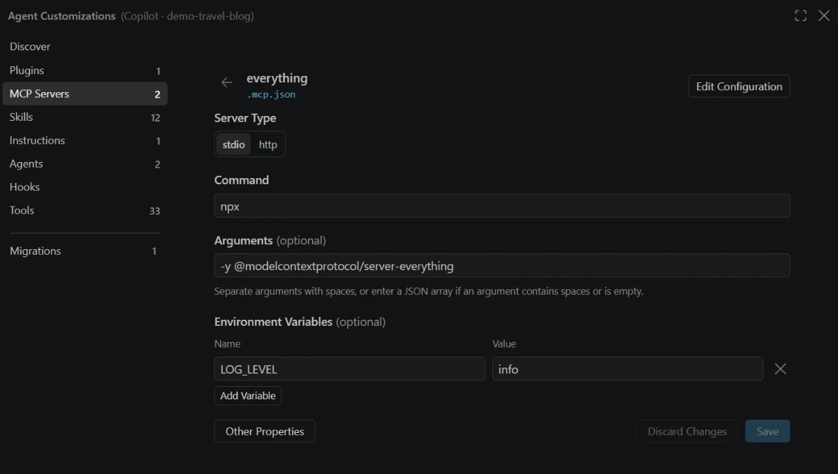 The VS Code MCP server configuration form, with Server Type, Command, Arguments and Environment Variables fields and a Save button.