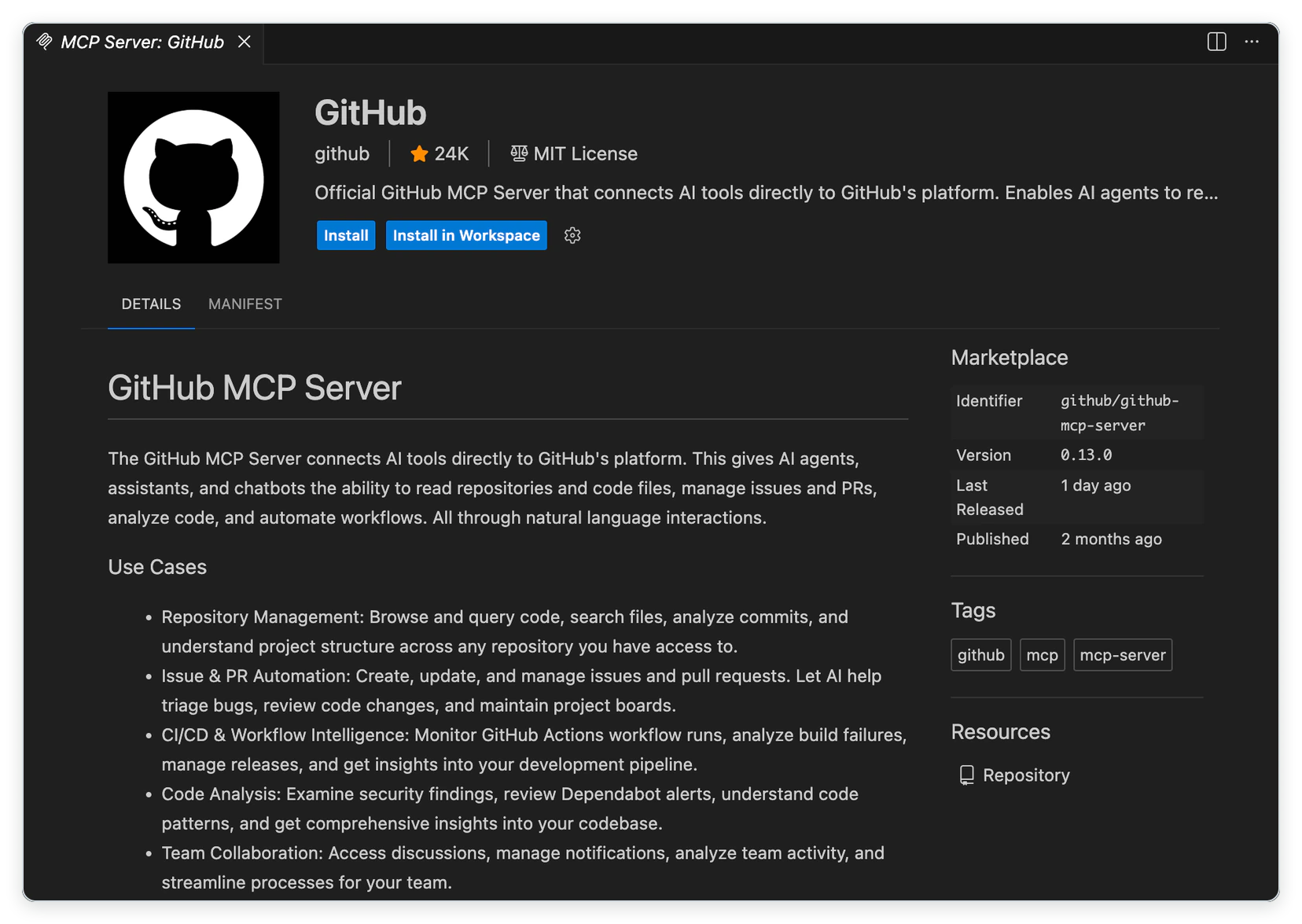An MCP server page in VS Code with Install and Install in Workspace buttons, shown here for the GitHub MCP server.