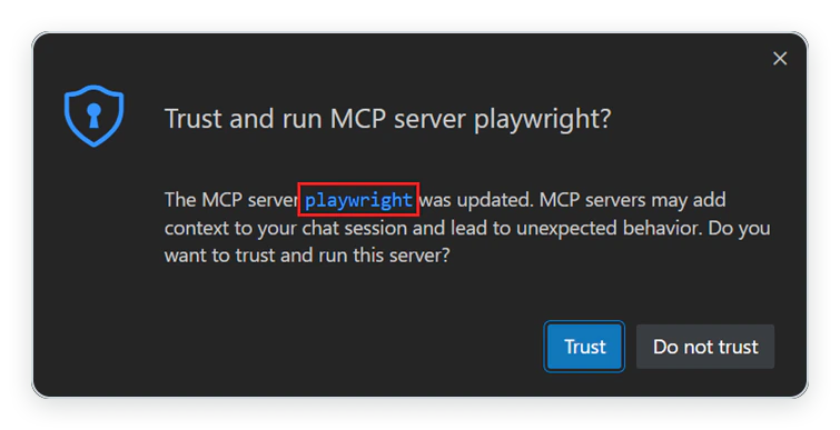 The VS Code dialog asking Trust and run MCP server, with Trust and Do not trust buttons.