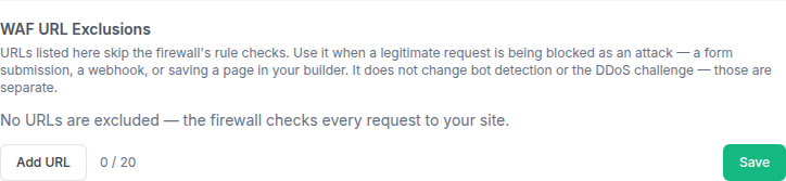 The WAF URL Exclusions card in InstaWP Shield settings, where up to 20 URLs can skip the firewall rule checks