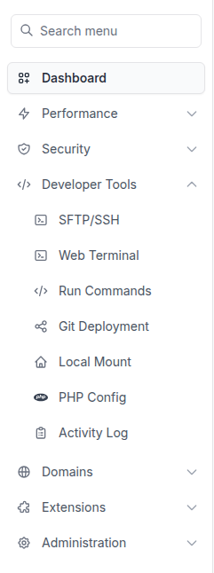 The InstaWP site menu with Developer Tools expanded, listing SFTP/SSH, Web Terminal, Run Commands, Git Deployment, Local Mount, PHP Config and Activity Log