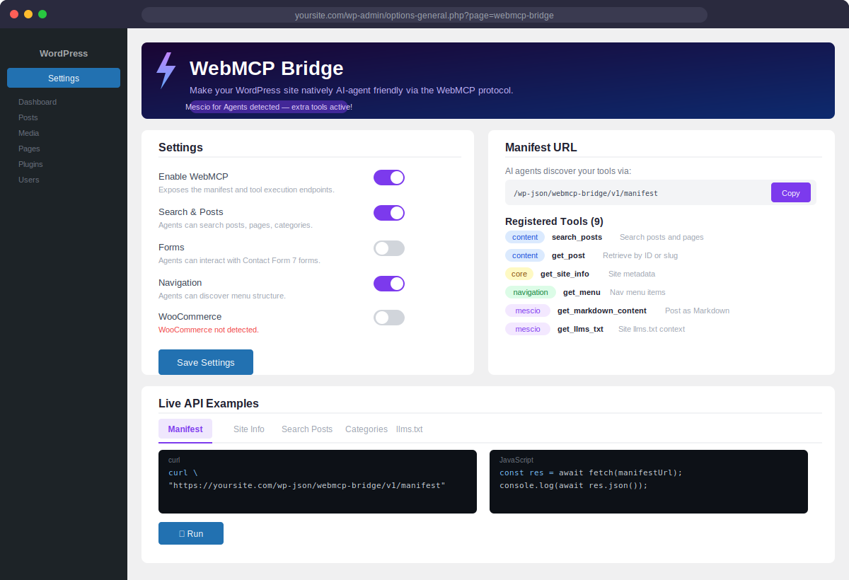 WebMCP Bridge settings page for enabling read-only tool groups and copying the tool manifest URL