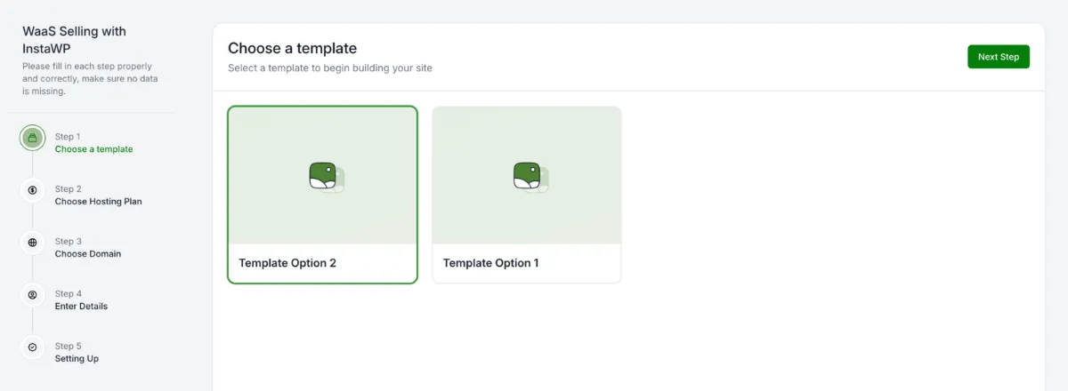 Client-facing InstaWP WaaS checkout, step 1: the client chooses one of the agency's templates before picking a hosting plan