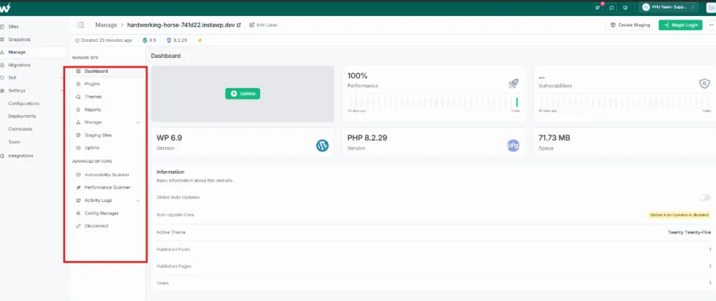 InstaWP Manage dashboard for a client site showing uptime, performance and vulnerabilities, with Plugins, Themes, Reports, Vulnerability Scanner, Performance Scanner and Activity Logs