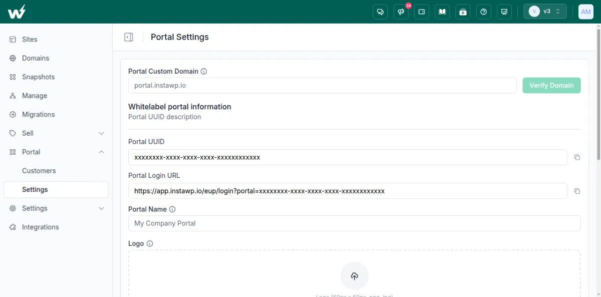 InstaWP Portal Settings with the Portal Custom Domain field and white-label portal information for an agency's client portal