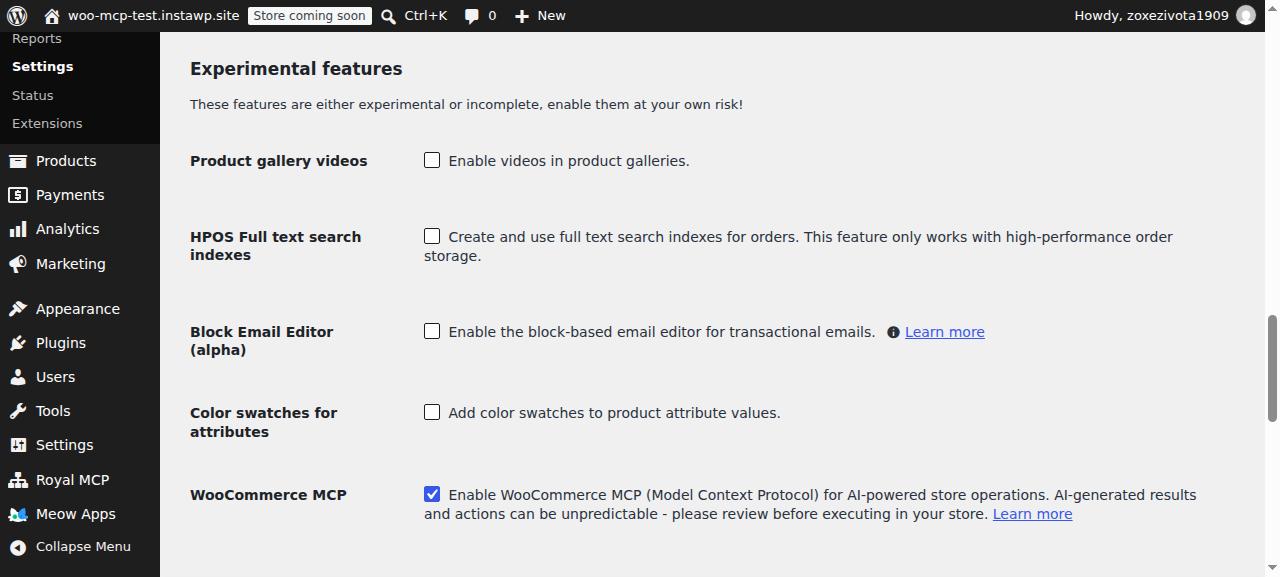 WooCommerce 11.2 Settings, Advanced, Features: WooCommerce MCP listed under Experimental features with the warning that AI-generated results and actions can be unpredictable