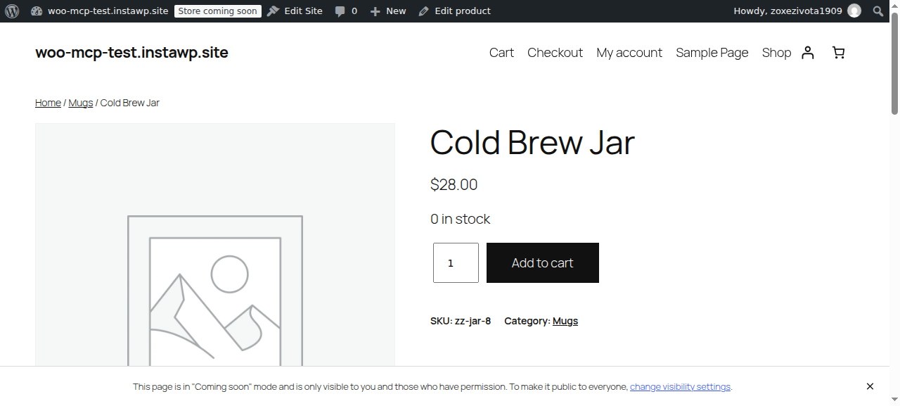 WooCommerce product page for Cold Brew Jar showing 0 in stock next to a live Add to cart button after a generic meta write set stock to zero