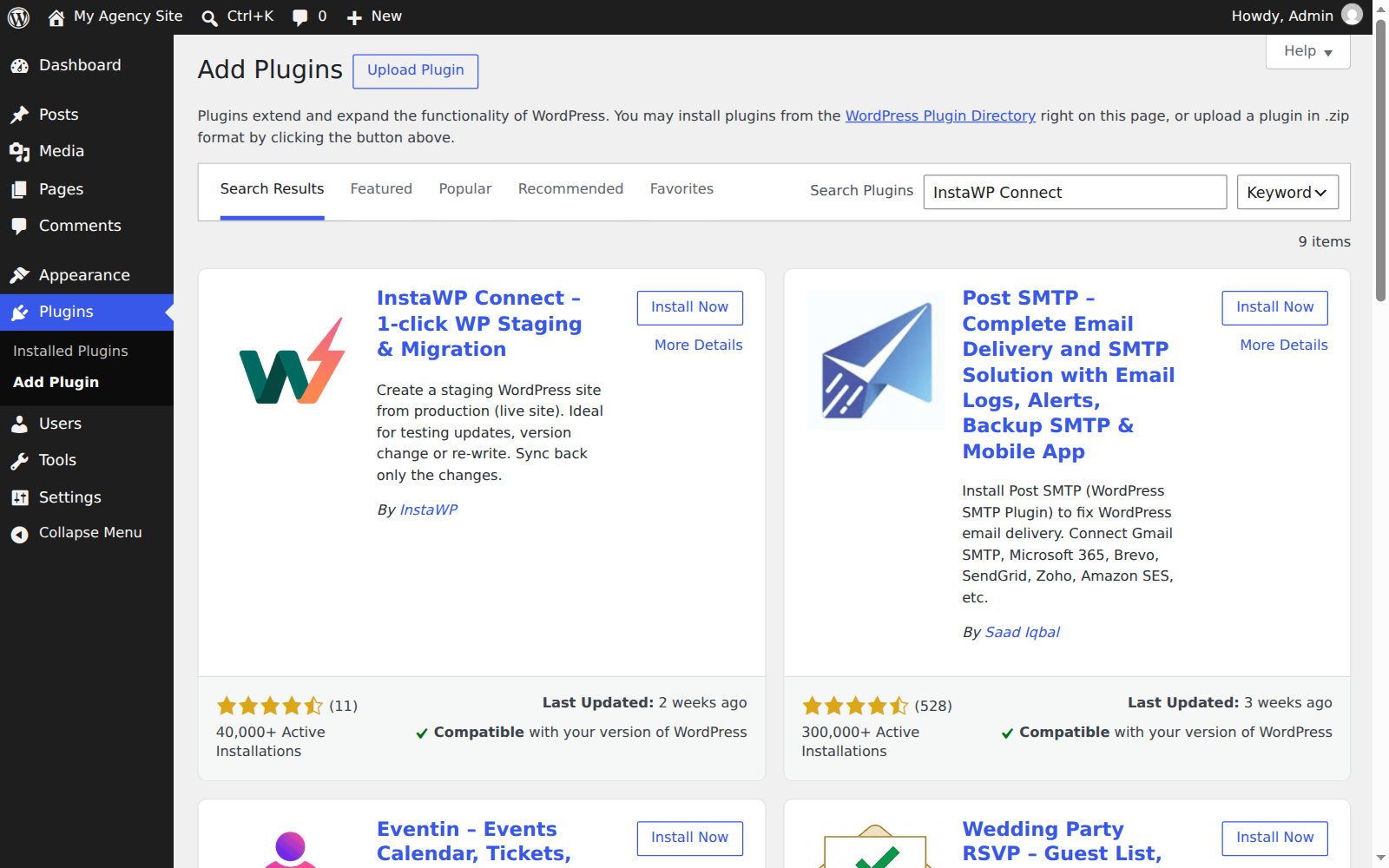 WordPress Add Plugins screen showing InstaWP Connect in the search results with an Install Now button