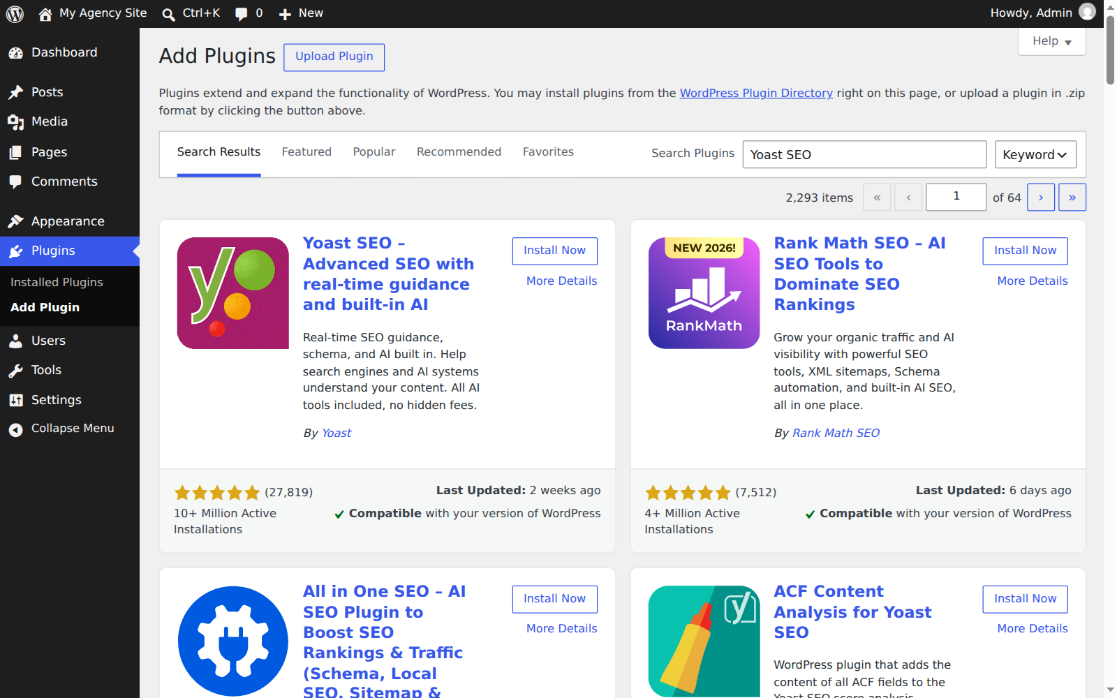 WordPress Add Plugins screen with Yoast SEO in the search results
