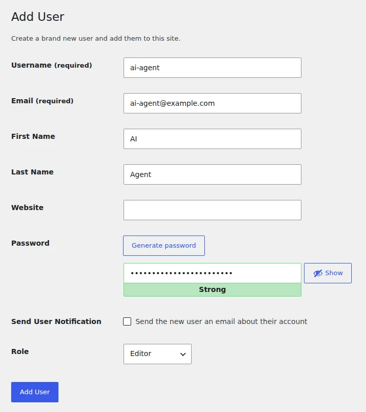 The WordPress Add User screen creating a dedicated ai-agent user with the Editor role selected.