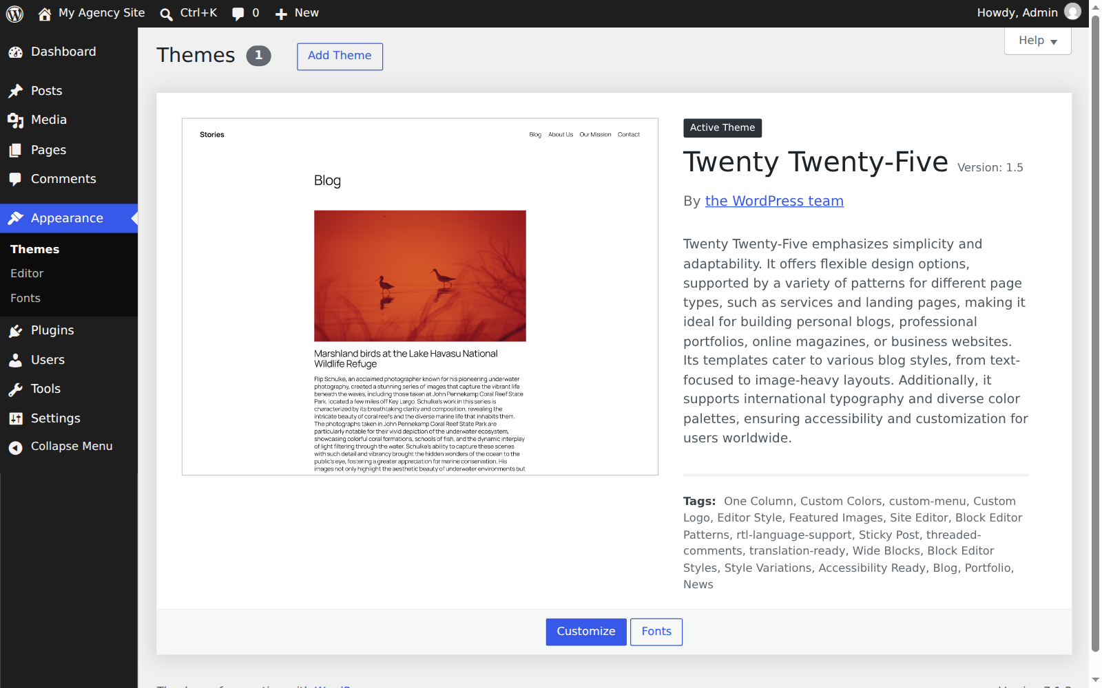 WordPress Appearance > Themes screen with the Add Theme button