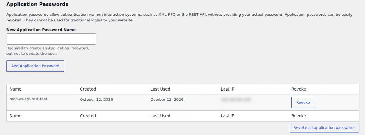The Application Passwords section of a WordPress user profile, with the New Application Password Name field, the Add Application Password button and a list of existing passwords with Revoke buttons.