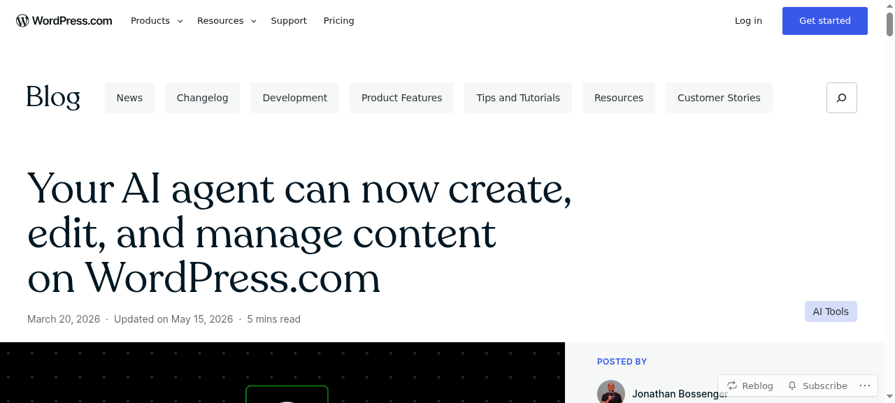 WordPress.com announcement that AI agents can now create, edit and manage content on WordPress.com over MCP, published 20 March 2026