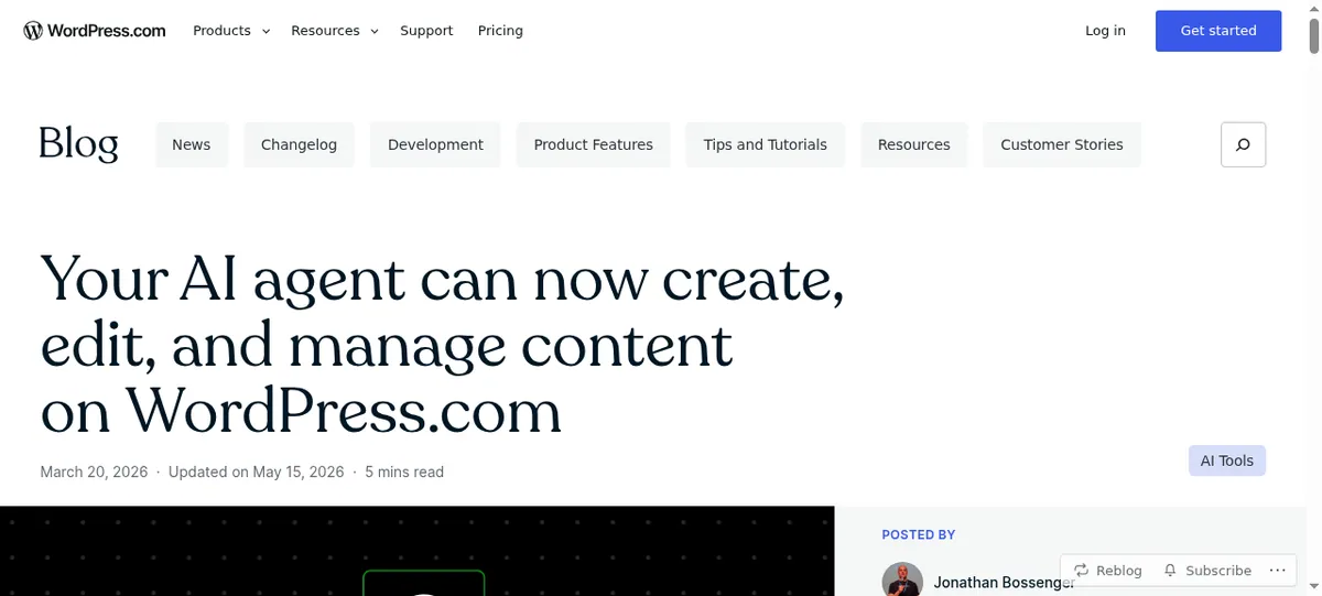 WordPress.com announcement that AI agents can now create, edit and manage content on WordPress.com over MCP, published 20 March 2026