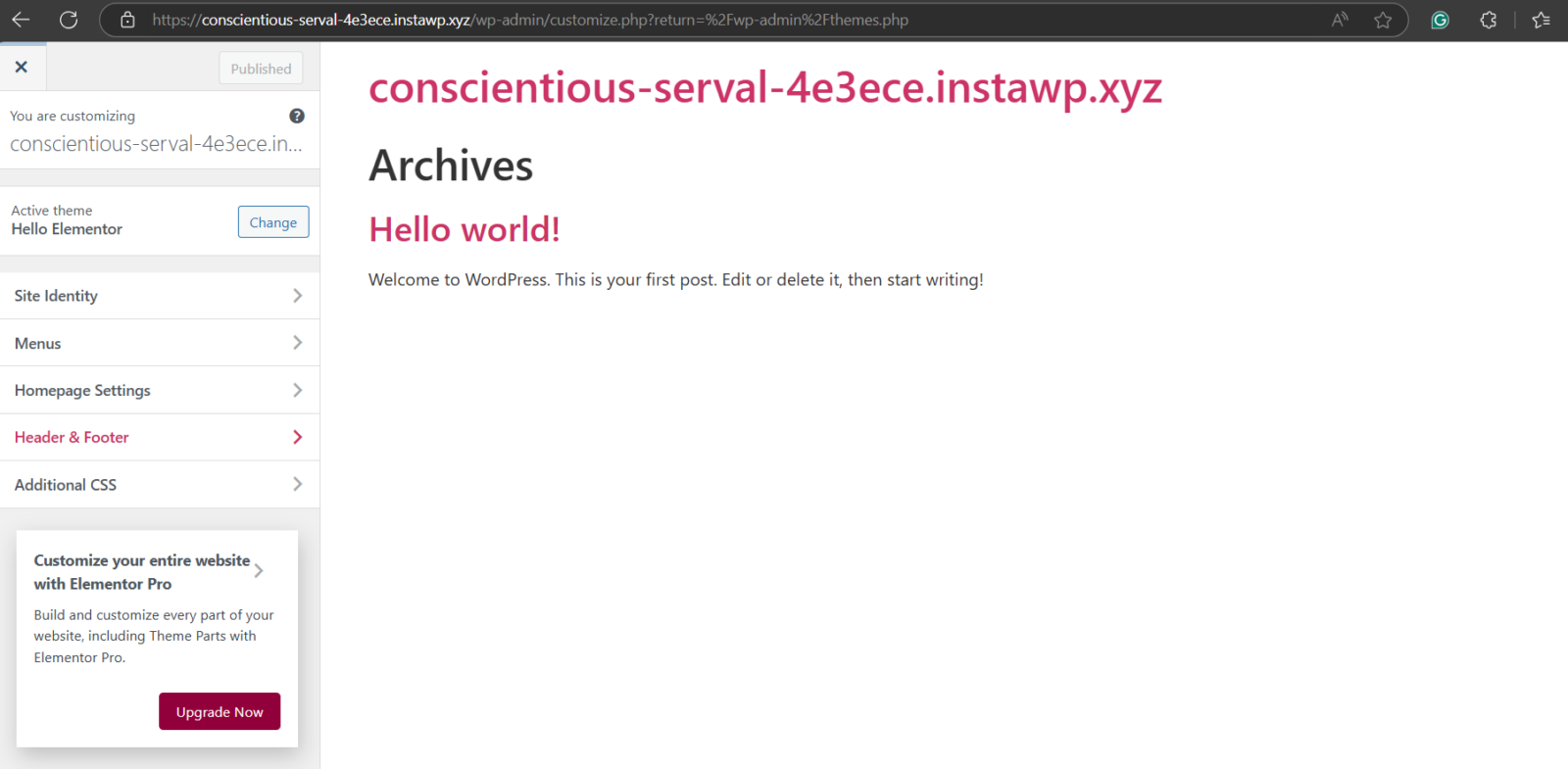 WordPress Customizer open at Appearance and Customize with the theme options sidebar