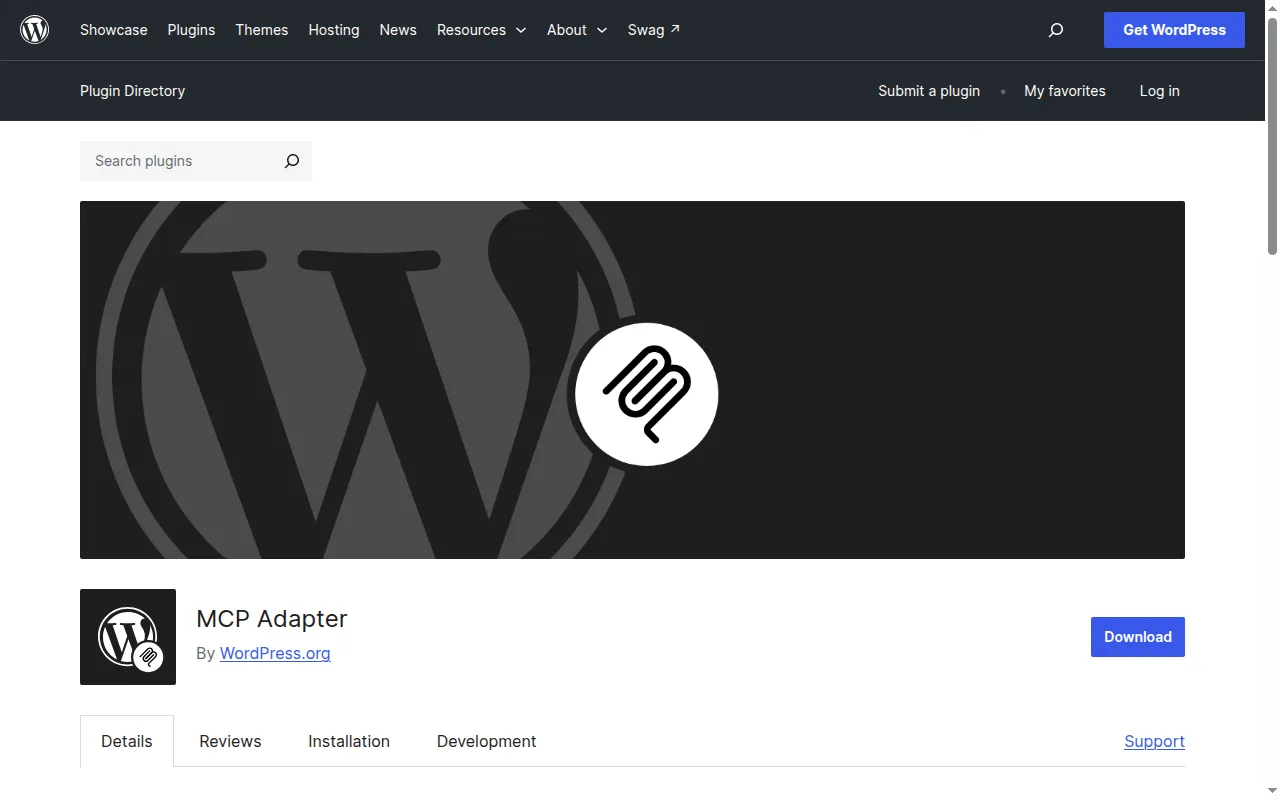 The MCP Adapter plugin page on WordPress.org, by WordPress.org, with its Download button.