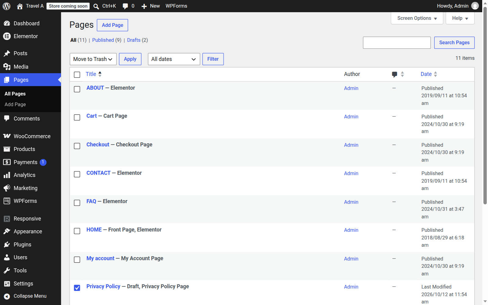 WordPress Pages list with a page selected and Move to Trash chosen in Bulk actions