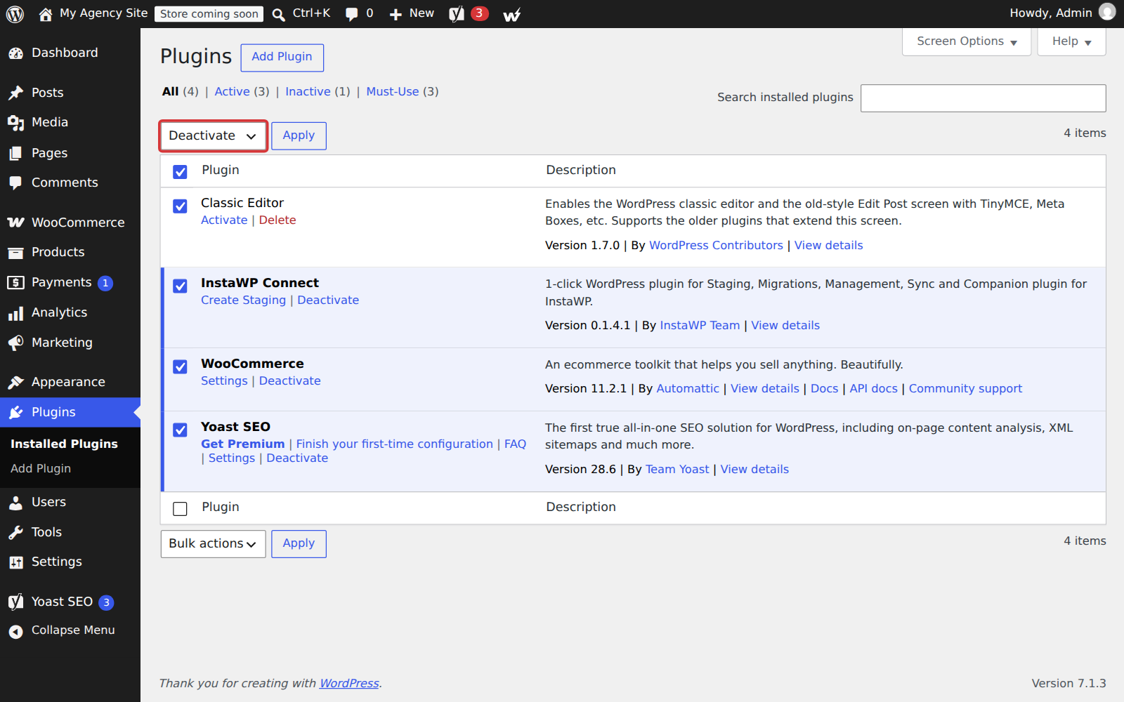 Deactivate all the active plugins before setting up the WordPress multisite network.
