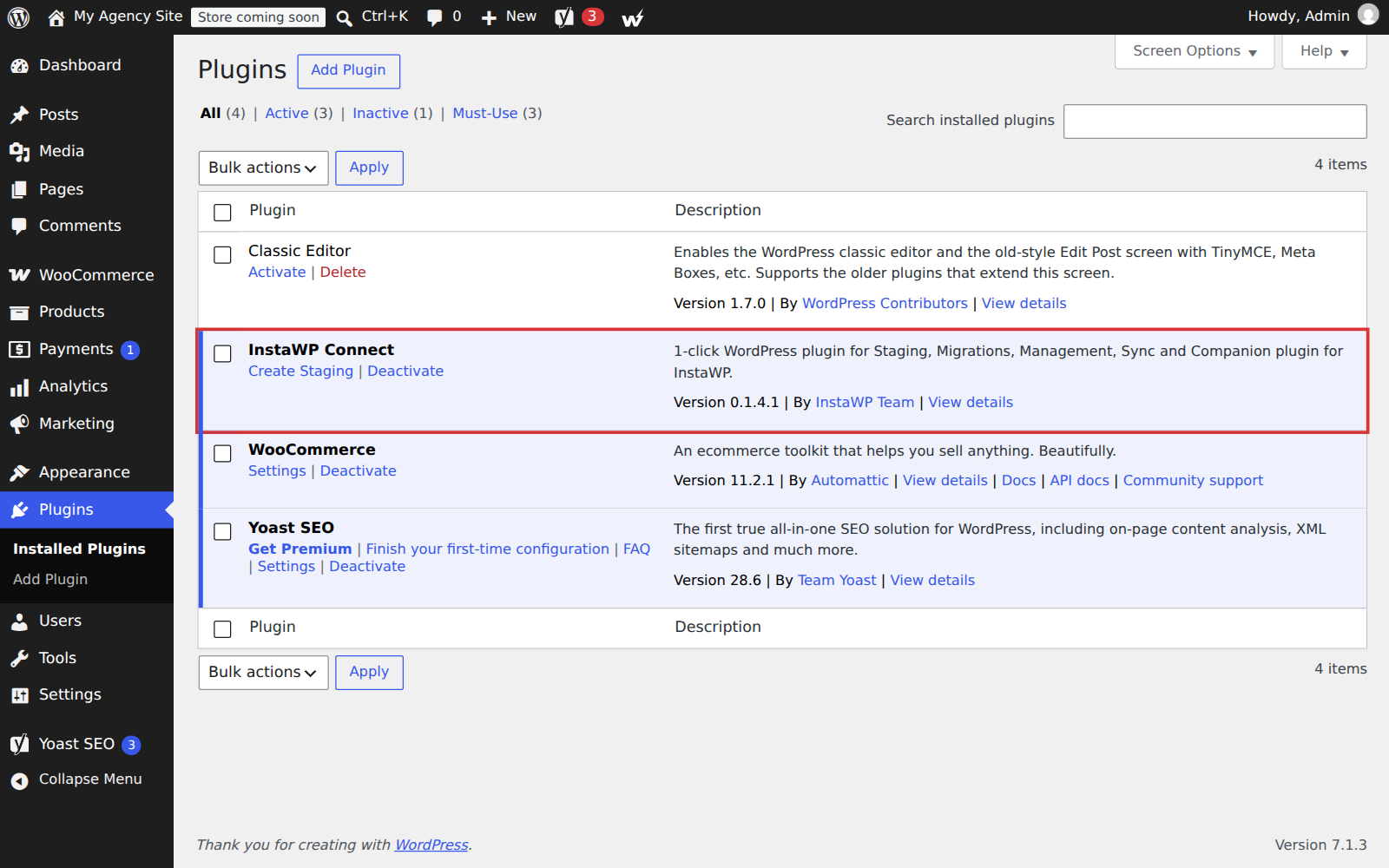 WordPress Plugins screen with the InstaWP Connect plugin active and its Create Staging link