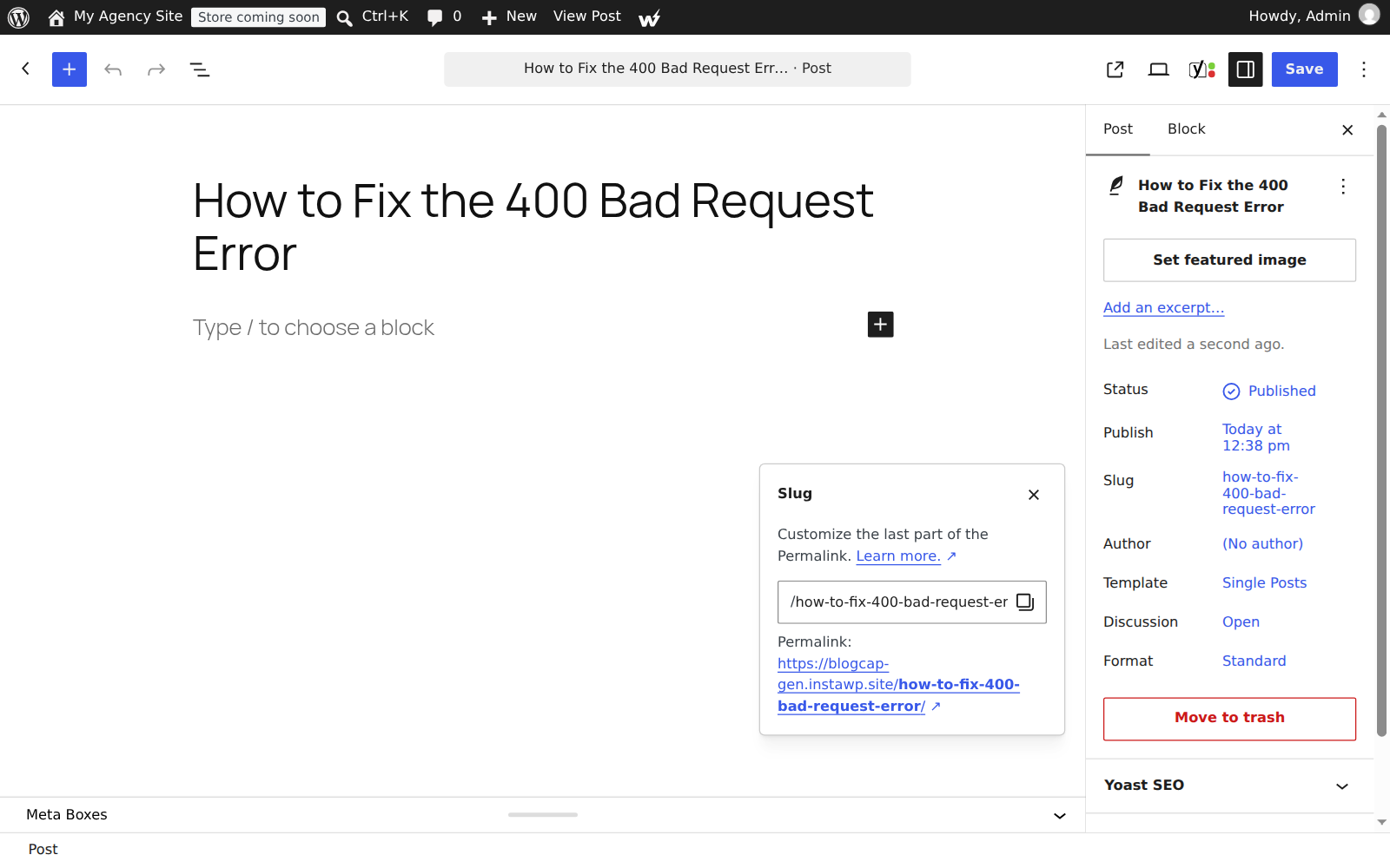 WordPress post editor Slug panel showing a clean permalink with hyphens and no spaces