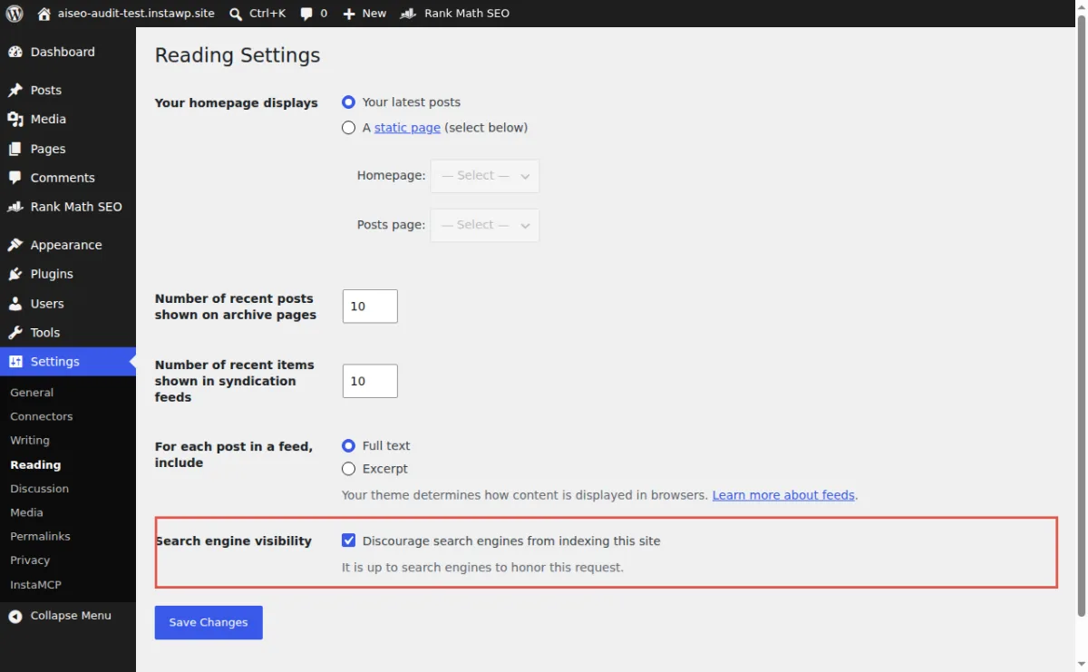 WordPress Settings, Reading on a test site with the Discourage search engines from indexing this site box ticked, the setting that adds noindex to every page