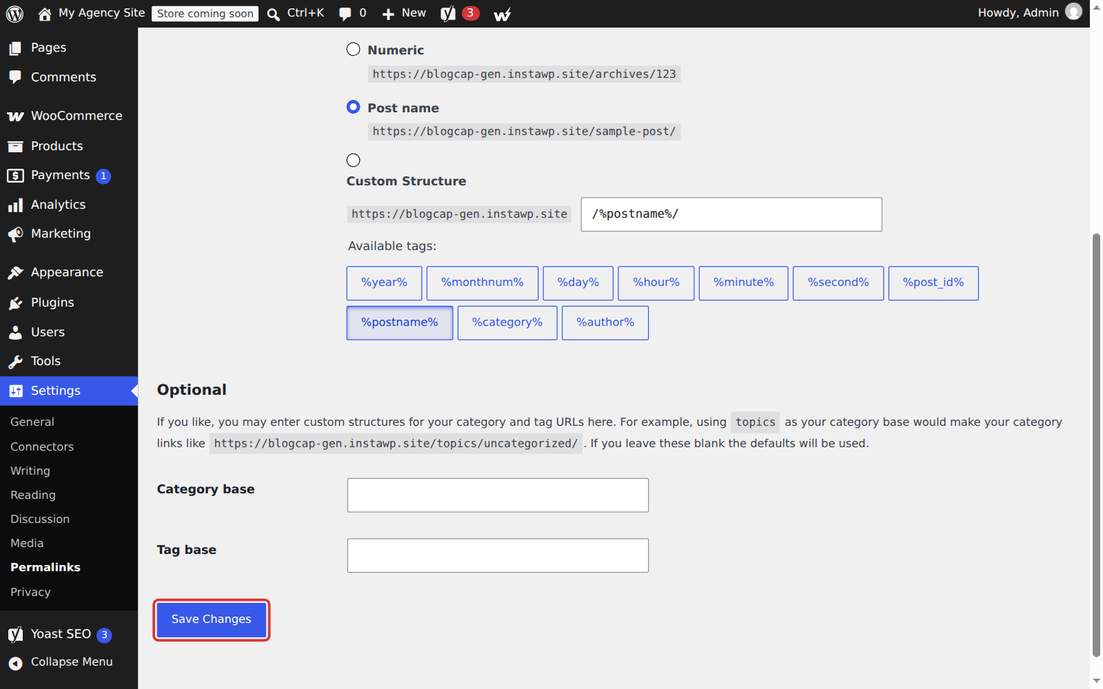 WordPress Settings > Permalinks screen with the Save Changes button highlighted