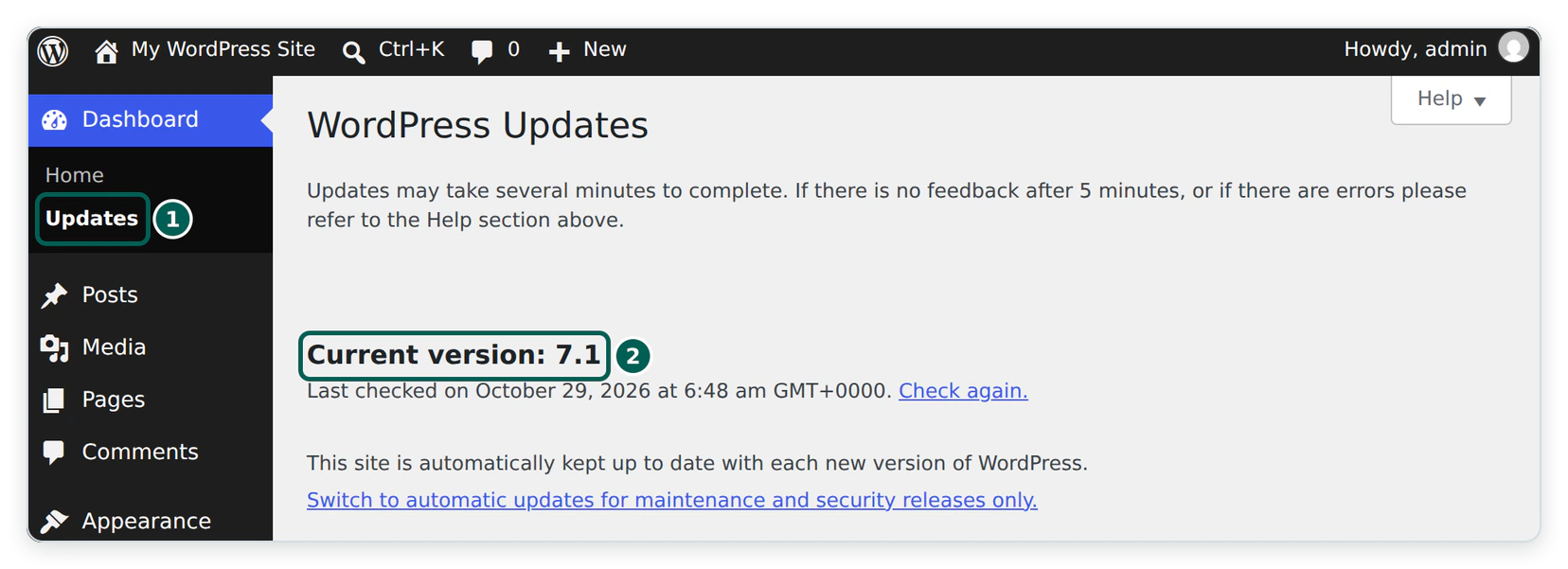 The WordPress Updates screen, opened from Dashboard, then Updates, showing the current WordPress version.