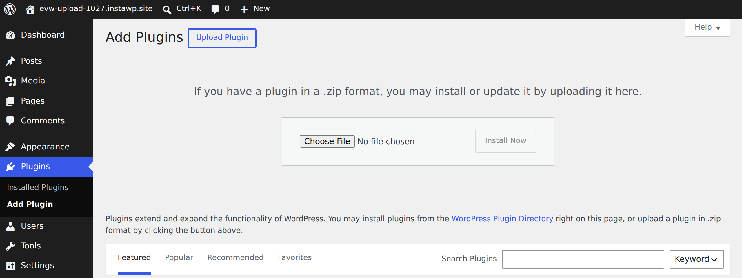 WordPress admin Add Plugins screen with the Upload Plugin panel open, showing a Choose File button and an Install Now button for a plugin zip