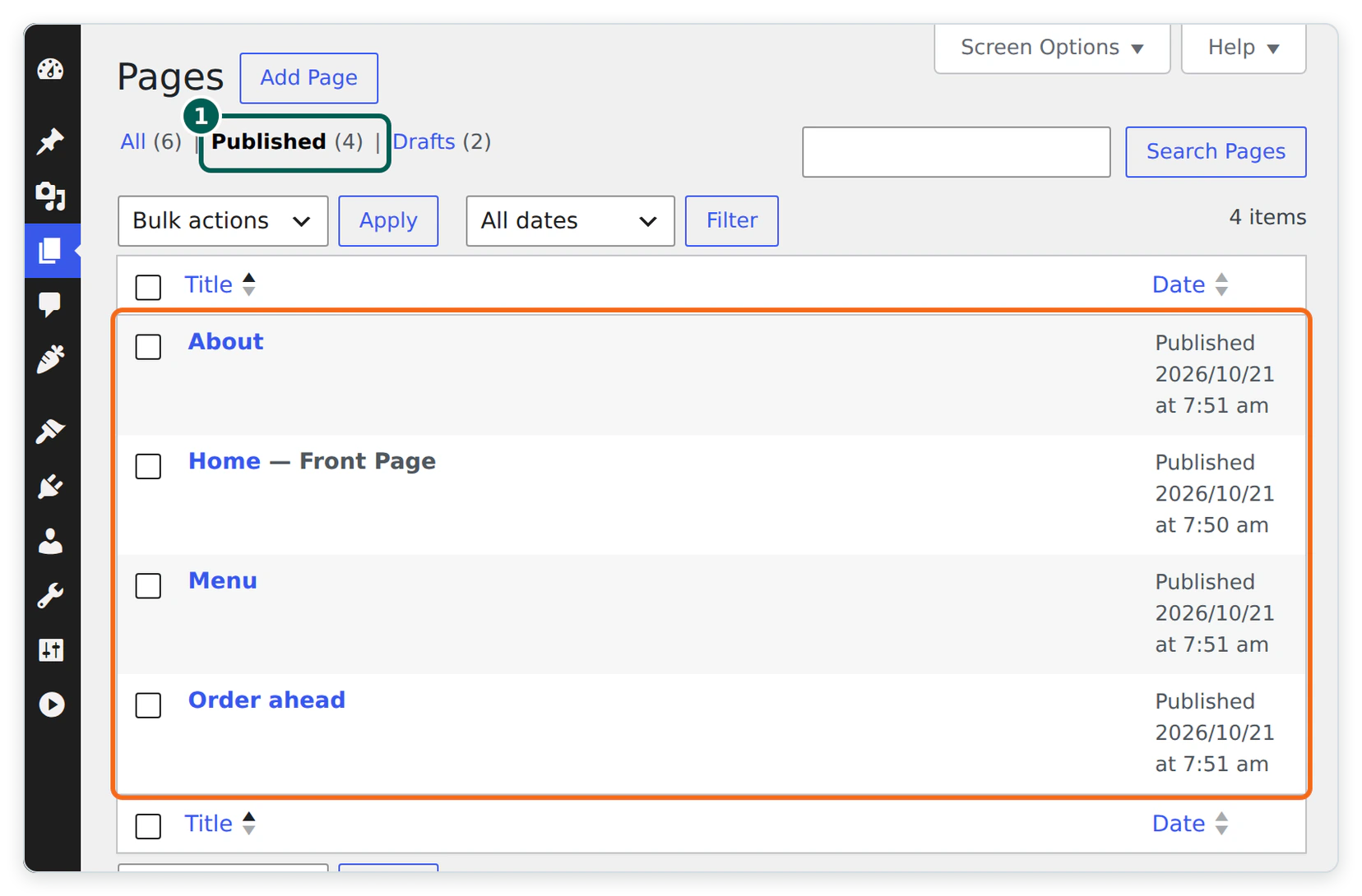 The WordPress Pages screen on the sandbox, filtered to Published, listing About, Home as the front page, Menu and Order ahead.