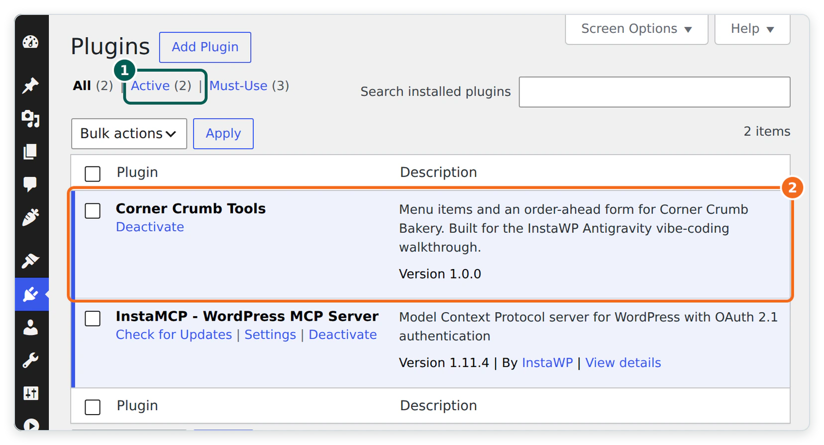 The WordPress Plugins screen on the sandbox, with the custom Corner Crumb Tools plugin version 1.0.0 active alongside InstaMCP 1.11.4.