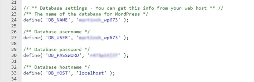 wp-config.php database settings: DB_NAME, DB_USER, DB_PASSWORD and DB_HOST, with values blurred