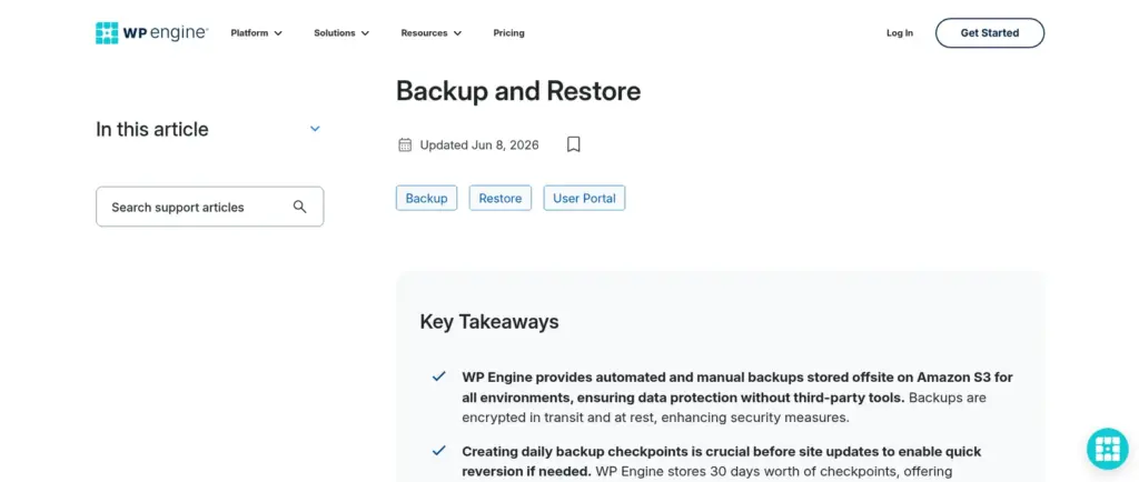 WP Engine support article Backup and Restore, updated 8 June 2026, with key takeaways that backups are automated and manual, stored offsite on Amazon S3 and encrypted in transit and at rest.