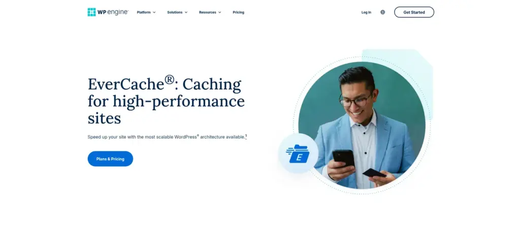 WP Engine EverCache page with the heading EverCache: Caching for high-performance sites and a Plans and Pricing button.