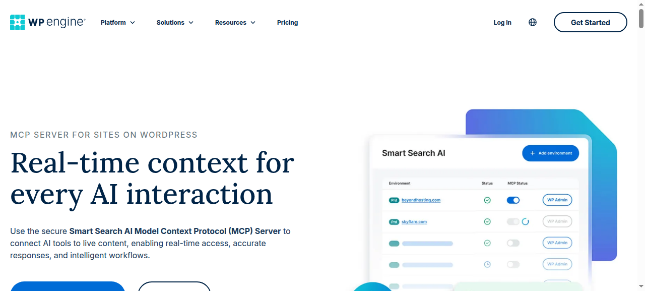 WP Engine Smart Search AI MCP server page with a per-environment MCP status toggle for connecting AI tools to live site content