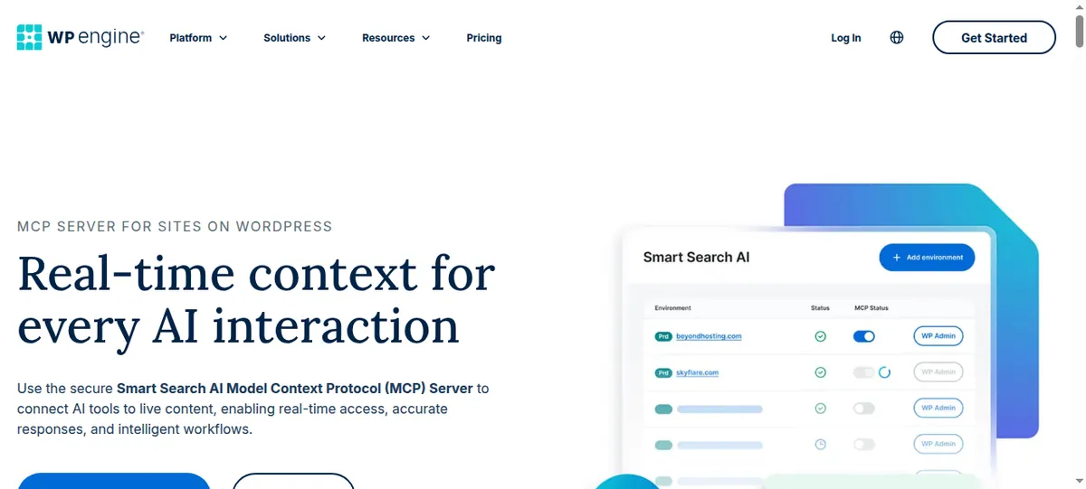 WP Engine Smart Search AI MCP server page with a per-environment MCP status toggle for connecting AI tools to live site content