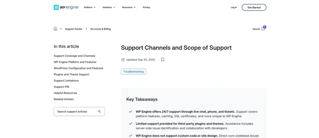 WP Engine support article Support Channels and Scope of Support, updated 30 September 2026, with a key takeaway that WP Engine offers 24/7 support through live chat, phone and tickets.