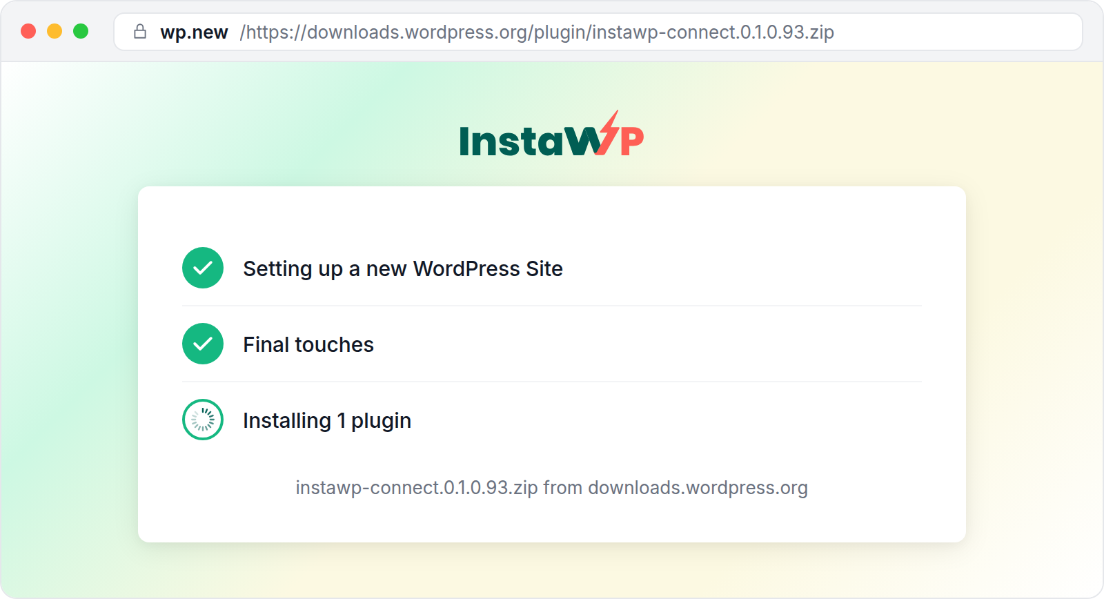 wp.new installing a plugin from a WordPress.org zip URL, showing the site setup progress steps