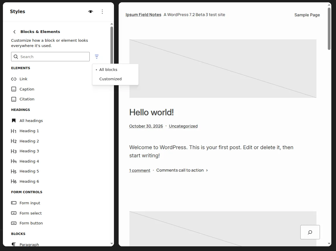 The WordPress 7.2 Beta 3 Site Editor Styles panel listing Blocks and Elements, with a filter menu offering All blocks or Customized and a new Form Controls group for form input, form select and form button.