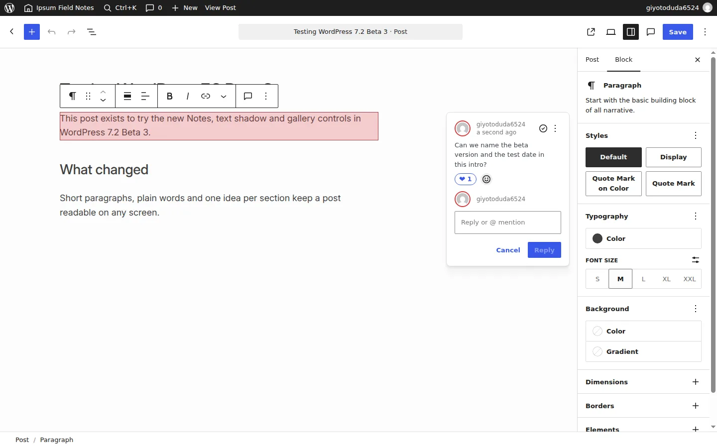 The WordPress 7.2 Beta 3 block editor with a note attached to a paragraph, shown on the canvas beside the open block settings sidebar, with a heart reaction count of one and a Notes button in the block toolbar.