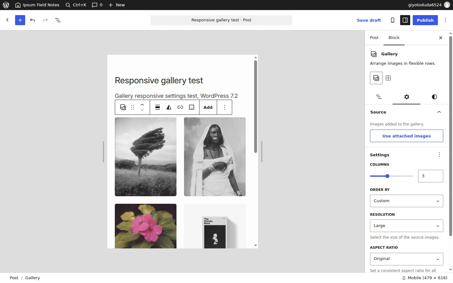 The WordPress 7.2 Beta 3 editor in Mobile preview with a Gallery block selected and its settings showing a Use attached images source option, an Order by menu with Newest to oldest and Random, columns, resolution and aspect ratio.