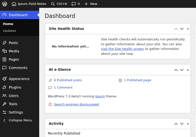 The WordPress 7.2 Beta 3 dashboard with the admin bar and left admin menu drawn with SVG icons from the WordPress icon library instead of Dashicons.