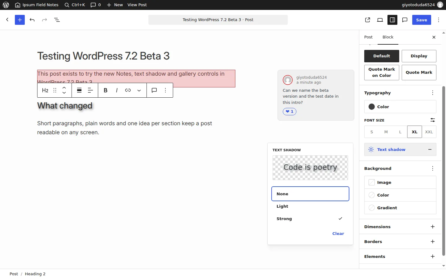 The Text shadow control in the WordPress 7.2 Beta 3 Typography panel with None, Light and Strong presets and a Code is poetry preview, applied to a heading on the canvas.