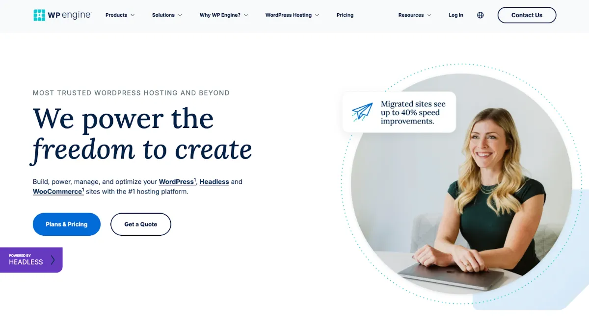 WP Engine homepage advertising managed WordPress, headless and WooCommerce hosting