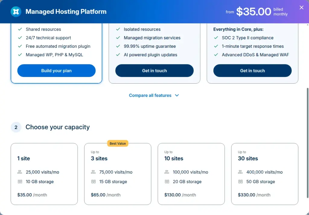WP Engine Essential plan capacity options on 8 October 2026: 1 site $35, 3 sites $65, 10 sites $130 and 30 sites $330 per month billed monthly