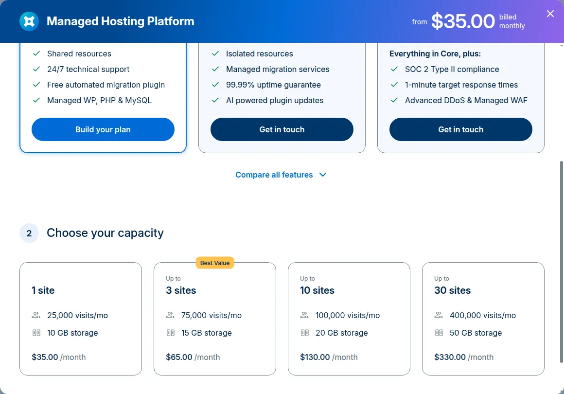 WP Engine Essential plan capacity options on 8 October 2026: 1 site $35, 3 sites $65, 10 sites $130 and 30 sites $330 per month billed monthly