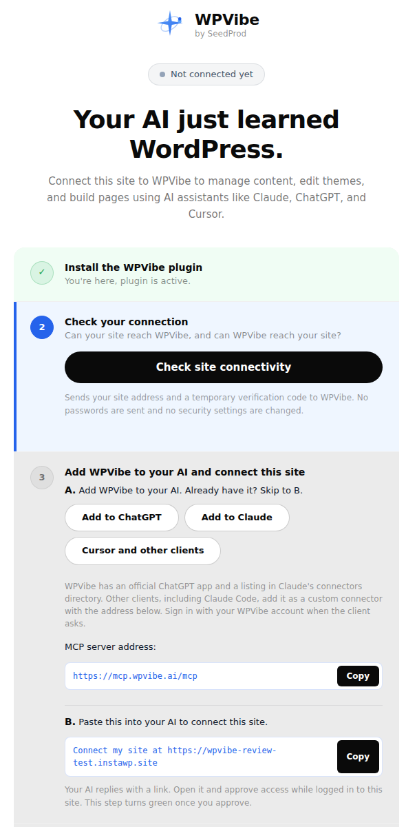 WPVibe 1.20.4 setup page in WordPress admin showing four connection steps and the hosted MCP server address https://mcp.wpvibe.ai/mcp