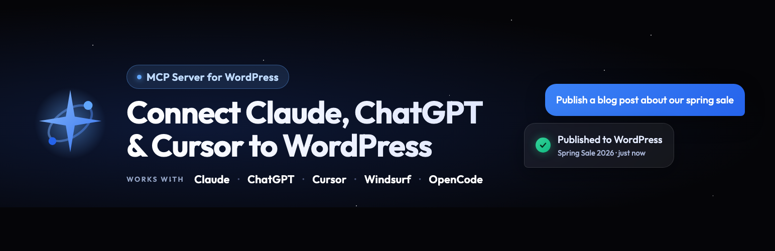 WPVibe plugin banner: MCP Server for WordPress, connect Claude, ChatGPT and Cursor to WordPress