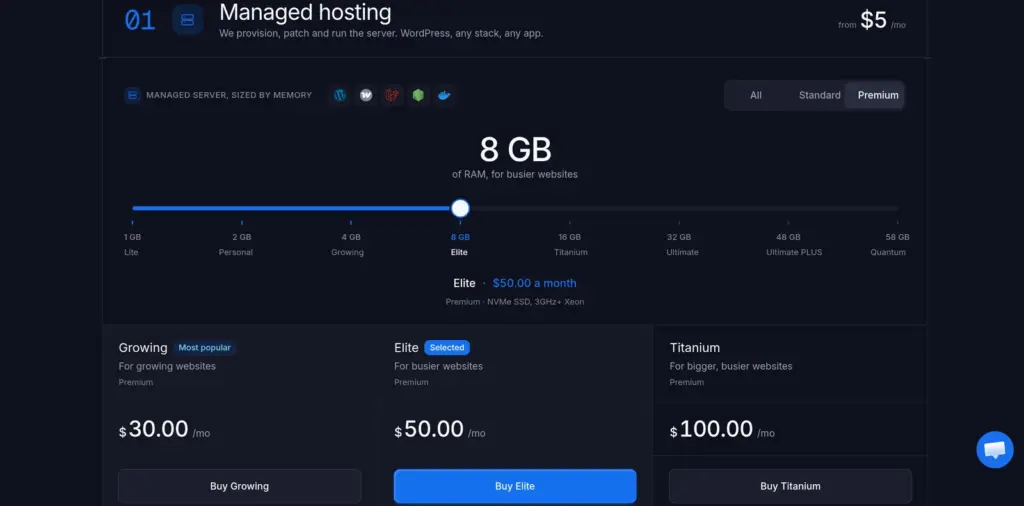 xCloud pricing page for managed hosting from $5 a month, with a memory slider set to the 8 GB Elite server at $50 a month and Premium plans Growing at $30, Elite at $50 and Titanium at $100.